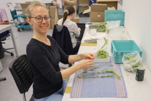 Annett Gruber vom Bezirk Oberbayern verpackt Tee in den Augustinum Werkstätten in Oberschleißheim.