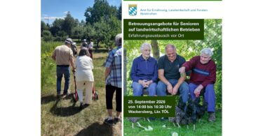 Senioren auf einem Auszeithof – Ankündigungsplakat des AELF Holzkirchen zum Erfahrungsaustausch am 25. September