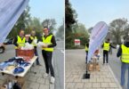 Thomas Gems, Olaf Fröhlich und Daniel Zuleger beim Verteilen von Brezen an Radfahrende. – Stadt-Rosenheim-Fahne und Mitarbeitende bei der Übergabe von Brezen an Radfahrende in der Küpferlingstraße.