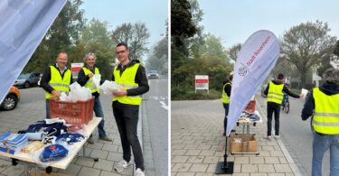 Thomas Gems, Olaf Fröhlich und Daniel Zuleger beim Verteilen von Brezen an Radfahrende. – Stadt-Rosenheim-Fahne und Mitarbeitende bei der Übergabe von Brezen an Radfahrende in der Küpferlingstraße.