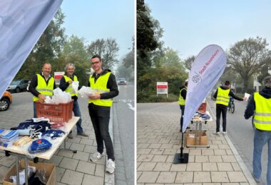 Thomas Gems, Olaf Fröhlich und Daniel Zuleger beim Verteilen von Brezen an Radfahrende. – Stadt-Rosenheim-Fahne und Mitarbeitende bei der Übergabe von Brezen an Radfahrende in der Küpferlingstraße.