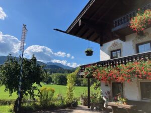 Balkon mit üppigen Blumen und Blick auf die Wiesen und Berge