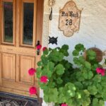 Hauseingang mit Tür und Blumenkübeln