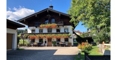 Vorderansicht des Bachschneiderhauses mit blumengeschmücktem Balkon