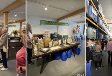 5: Teilnehmerinnen der Frauenbewegung bei der Besichtigung – 3: Produktpräsentation mit Banner 'Effektive Mikroorganismen' – 2: Blick in das Lager mit großen Behältern