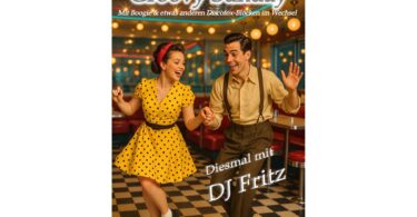 Plakat zum Groovy Sunday mit tanzendem Paar und Hinweis auf DJ Fritz