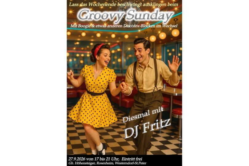 Plakat zum Groovy Sunday mit tanzendem Paar und Hinweis auf DJ Fritz
