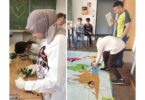 Schülerinnen und Schüler demontieren ausrangierte Handys und untersuchen die Bauteile. – Teile von Handys werden auf einer Weltkarte nach Herkunftsregionen sortiert.