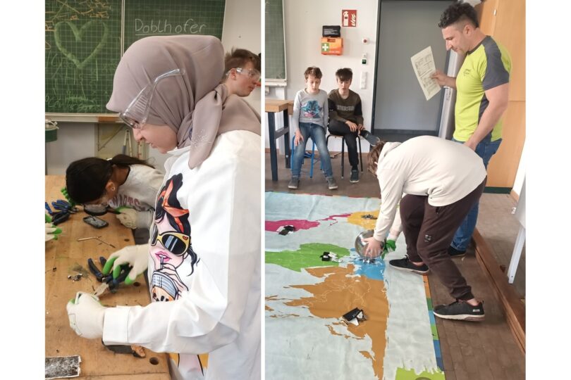 Schülerinnen und Schüler demontieren ausrangierte Handys und untersuchen die Bauteile. – Teile von Handys werden auf einer Weltkarte nach Herkunftsregionen sortiert.
