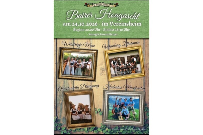 Plakat zum Bairer Hoagascht am 24. Oktober 2026 mit den angekündigten Gruppen.