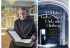 Pater Lukas Wirth OSB in der Klosterbibliothek Scheyern – Cover des Buchs „950 Jahre Gebet, Macht, Holz und Heilung“