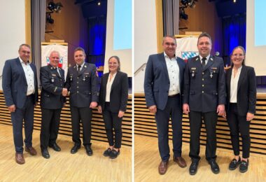 Gratulation nach der Neuwahl des Kreisbrandrates. – Der neu gewählte Kreisbrandrat mit zwei weiteren Anwesenden.