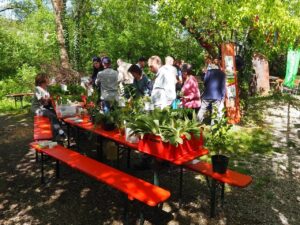 Besucher beim Pflanzentauschmarkt an einem Tisch mit Pflanzen