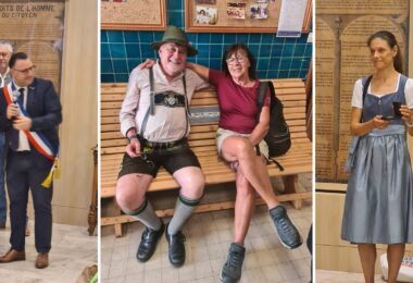 Begrüßung und Austausch der Delegationen im Rathaus von Graulhet. – Zwei Mitglieder der Delegation sitzen auf einer Holzbank im Vereinsheim. – Bürgermeister bei einem offiziellen Moment im Rathaus.