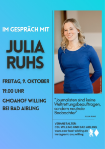 Veranstaltungsplakat mit Porträt von Julia Ruhs und Angaben zur Gesprächsrunde am 9. Oktober
