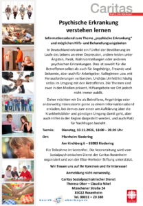 Aushang mit Einladung zum Informationsabend "Psychische Erkrankung verstehen lernen" am 10. November in Riedering