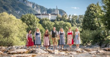 Das Team der Tourist Info Aschau und Sachrang am Ufer vor den Bergen.