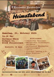 Flyer zum Heimatabend des Trachtenvereins D'Holzlandler Pleiskirchen.