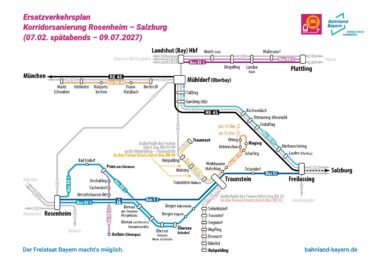Ersatzverkehrsnetzplan Korridorsanierung Rosenheim – Salzburg (07.02.–09.07.2027)