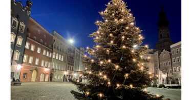 Weihnachtlich beleuchteter Christbaum am Stadtplatz