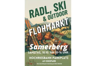 Plakat zum Radl-, Ski- und Outdoor-Flohmarkt am Samerberg am 10. Oktober auf dem Hochriesbahn-Parkplatz