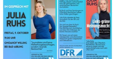 Veranstaltungsplakat mit Porträt von Julia Ruhs und Angaben zur Gesprächsrunde am 9. Oktober – Flyertext mit Buchcover von "Links-grüne Meinungsmacht"