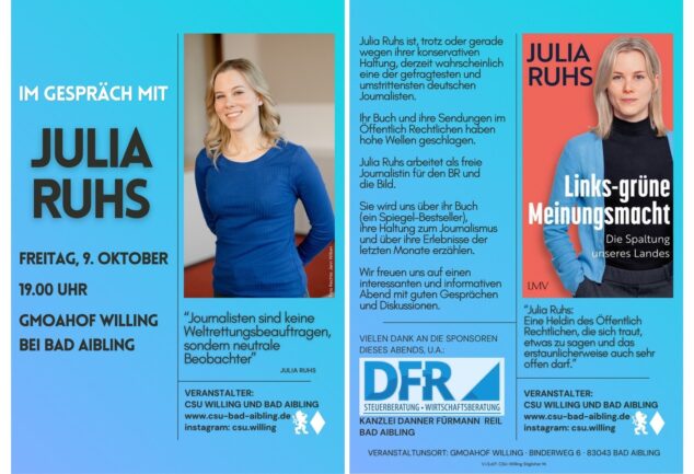 Veranstaltungsplakat mit Porträt von Julia Ruhs und Angaben zur Gesprächsrunde am 9. Oktober – Flyertext mit Buchcover von "Links-grüne Meinungsmacht"
