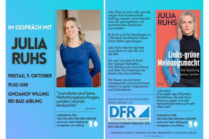 Veranstaltungsplakat mit Porträt von Julia Ruhs und Angaben zur Gesprächsrunde am 9. Oktober – Flyertext mit Buchcover von "Links-grüne Meinungsmacht"