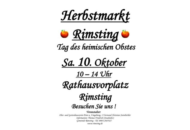 Plakat zum Herbstmarkt Rimsting: Tag des heimischen Obstes am 10. Oktober, 10 bis 14 Uhr