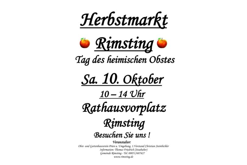 Plakat zum Herbstmarkt Rimsting: Tag des heimischen Obstes am 10. Oktober, 10 bis 14 Uhr