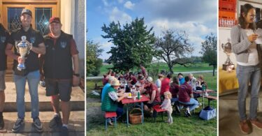 Die ersten drei: Sieger Johannes Kriechbaumer (Mitte), Walter Edbauer (links) und Alex Maier (rechts). – Gemütliches Beisammensein mit Bier, Kaffee und Kuchen. – Siegerehrung: Micha Ziegler und Elisabeth Meier verkünden das Ergebnis.