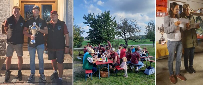 Die ersten drei: Sieger Johannes Kriechbaumer (Mitte), Walter Edbauer (links) und Alex Maier (rechts). – Gemütliches Beisammensein mit Bier, Kaffee und Kuchen. – Siegerehrung: Micha Ziegler und Elisabeth Meier verkünden das Ergebnis.