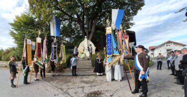 Fahnenabordnungen und Teilnehmer am Kriegerdenkmal während der Heldenehrung.