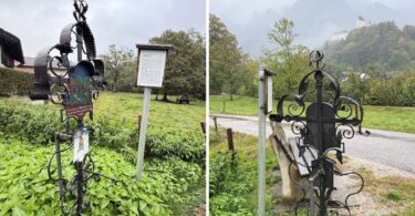 Marterl und Informationstafel am Ort der Mordtat in Weidachwies – Das Marterl mit Blick zur Burg Hohenaschau