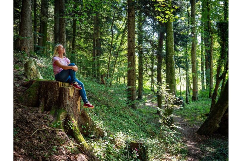 Eine Teilnehmerin beim naturgestützten Achtsamkeitstraining im Wald