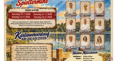 Plakat der Theatergruppe Riedering zur Aufführung 'Regenwurm-Orakel' mit Spielterminen.