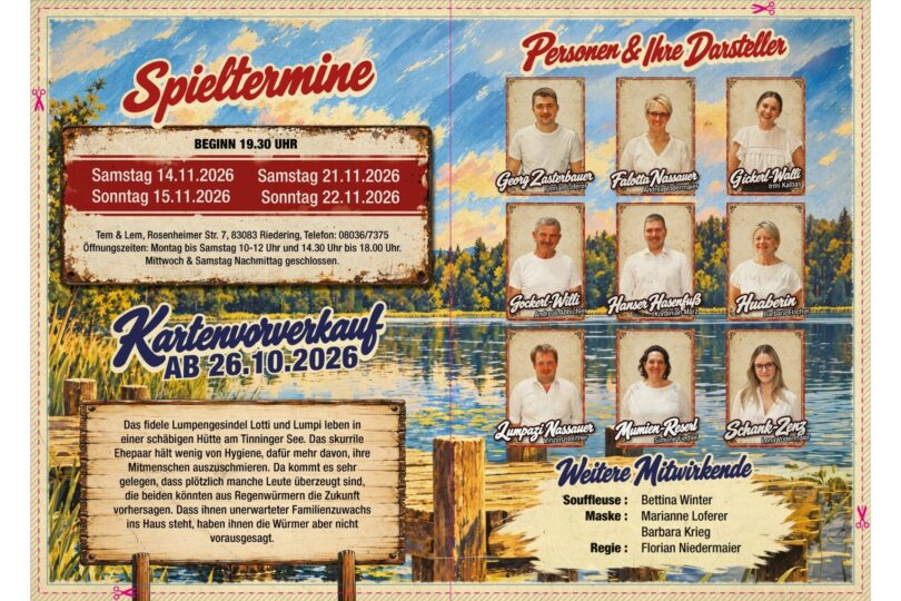 Plakat der Theatergruppe Riedering zur Aufführung 'Regenwurm-Orakel' mit Spielterminen.