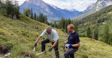 Freiwillige bei Pflegearbeiten auf der Mordaualm.