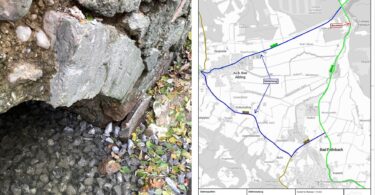 Beschädigtes Mauerwerk am Bachdurchlass bei Bad Feilnbach. – Umleitungsplan für die Sperrung der St 2089 über Au b. Bad Aibling.