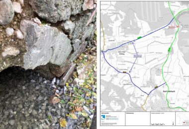 Beschädigtes Mauerwerk am Bachdurchlass bei Bad Feilnbach. – Umleitungsplan für die Sperrung der St 2089 über Au b. Bad Aibling.
