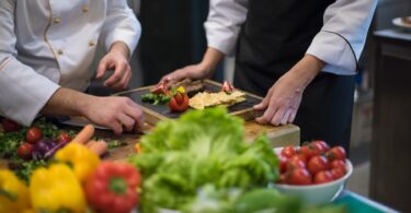Köche richten Speisen an, frisches Gemüse liegt im Vordergrund.
