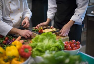 Köche richten Speisen an, frisches Gemüse liegt im Vordergrund.
