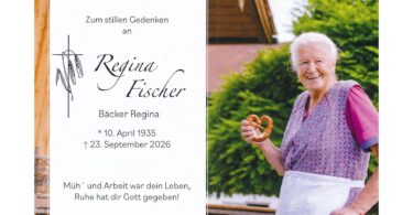 Trauerkarte von Regina Fischer, genannt Bäcker-Regina.