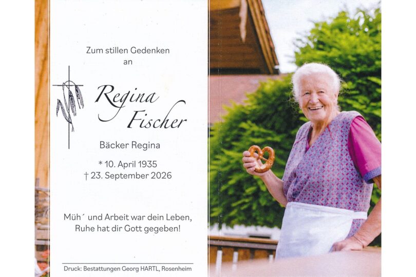 Trauerkarte von Regina Fischer, genannt Bäcker-Regina.