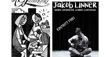 Flyer zur Vernissage mit Bildern von H.G. Lehmann und Konzert von Jakob Linner.