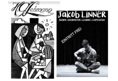 Flyer zur Vernissage mit Bildern von H.G. Lehmann und Konzert von Jakob Linner.