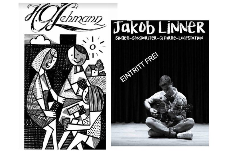 Flyer zur Vernissage mit Bildern von H.G. Lehmann und Konzert von Jakob Linner.